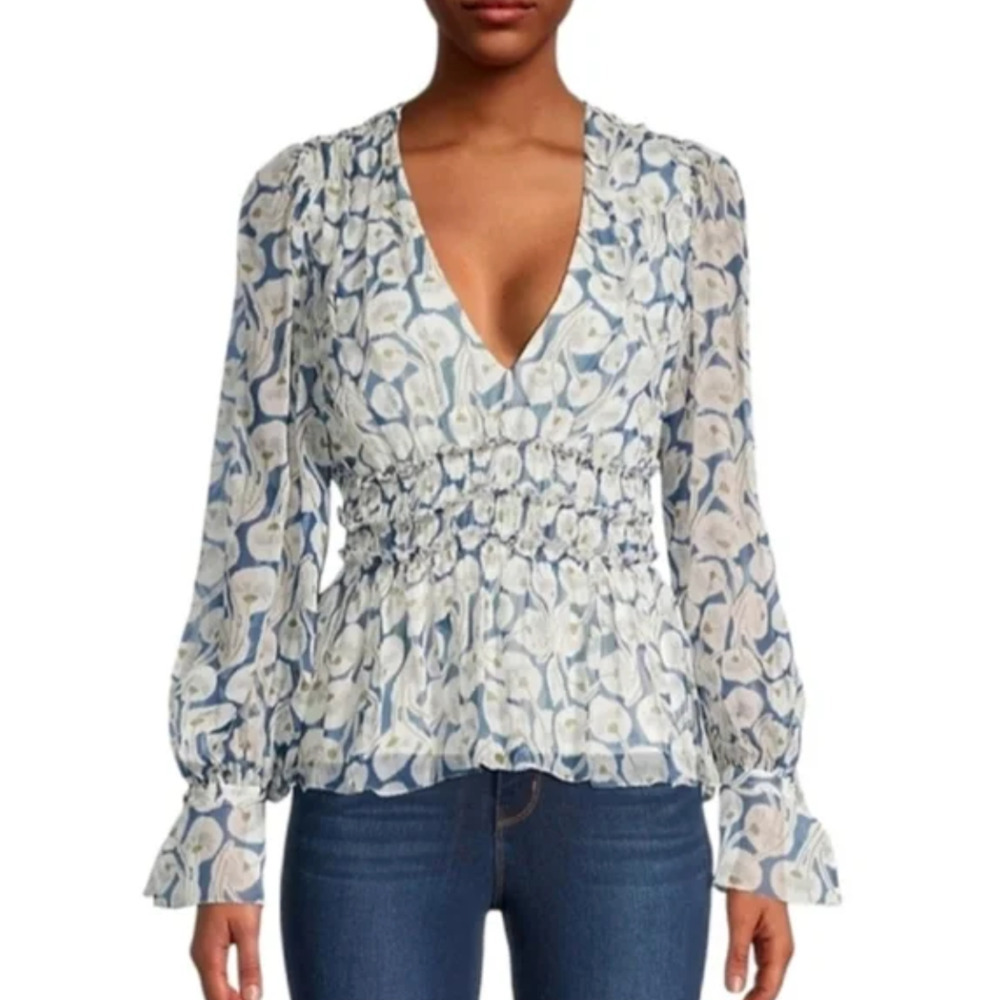 Rebecca Taylor Deco Silk Blouse Size 0 V-Neck Smocked Ruffle Long Sleeve